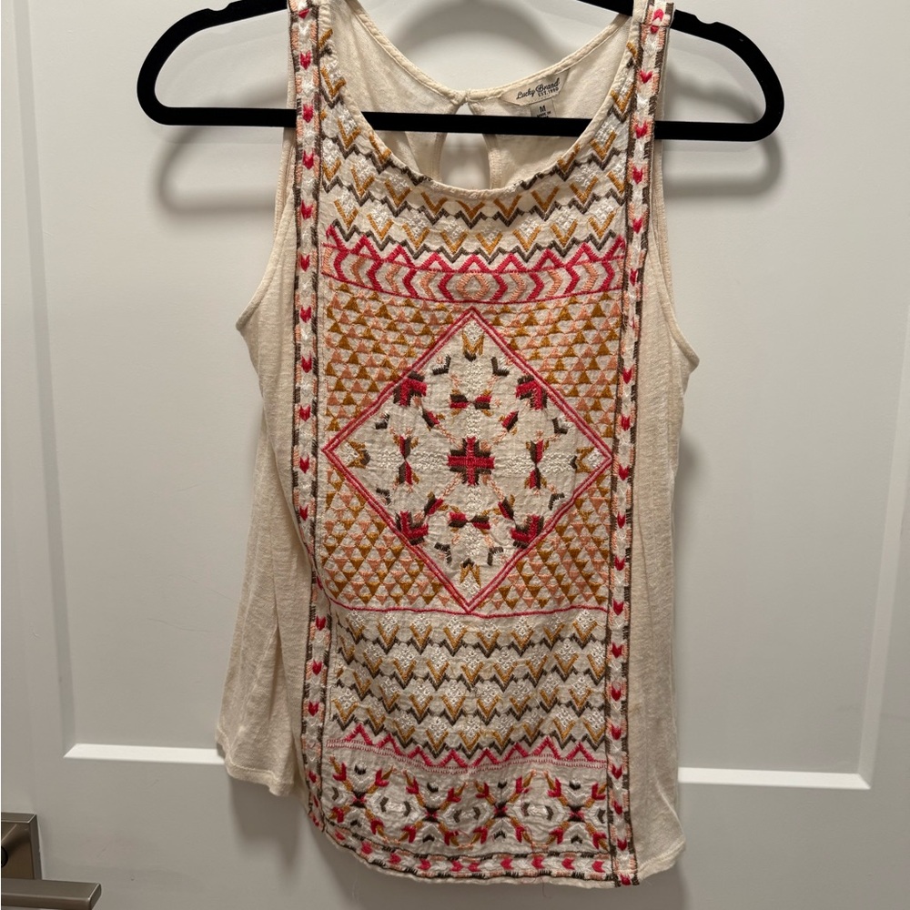 Lucky Brand Embroidered Tank Top - Cream and Pink